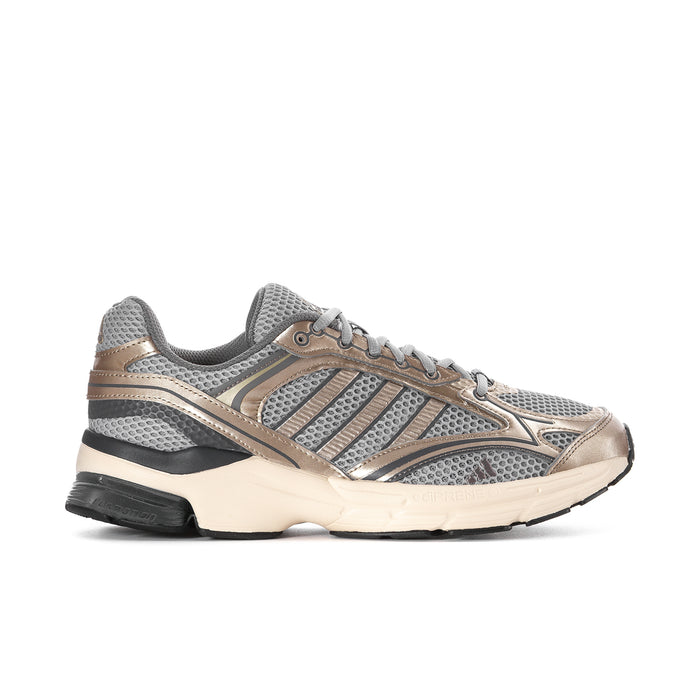 Men's running sneakers, gray and taupe mesh upper with lace-up and black trim