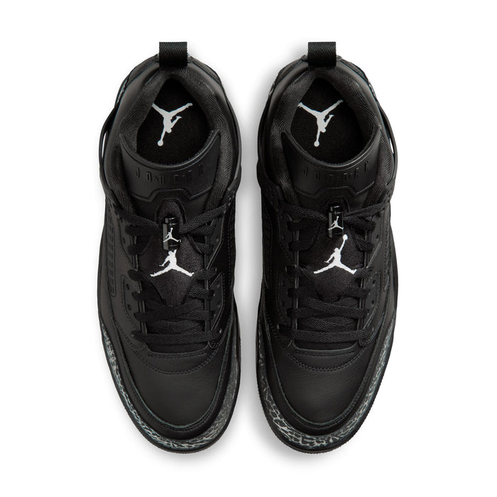 Men's black sneaker tongue and heel with JORDAN wing logos and lace closure