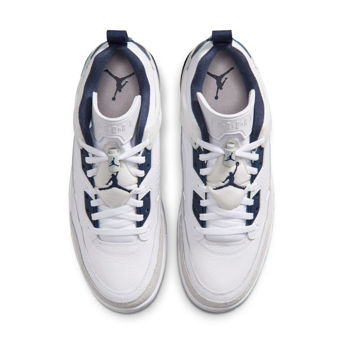 Men's low-top sneakers, white laced front view with navy interior accents