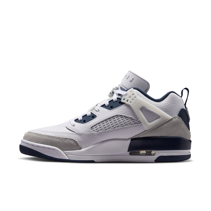 Men's low-top sneakers, white and gray panels with navy trim and lace-up