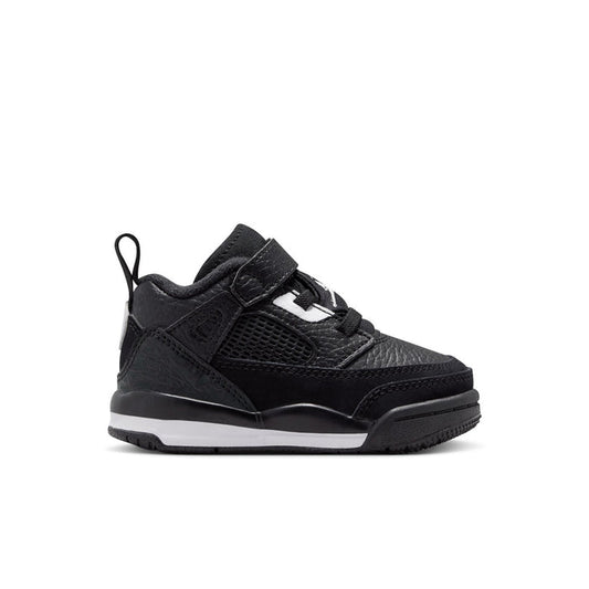 Black toddler low-top sneakers with white strap and Air Jordan-style logo