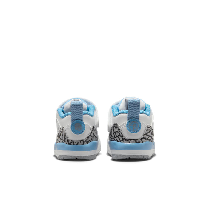 Toddler low-top sneakers, back view; white uppers with light blue heel and leopard trim