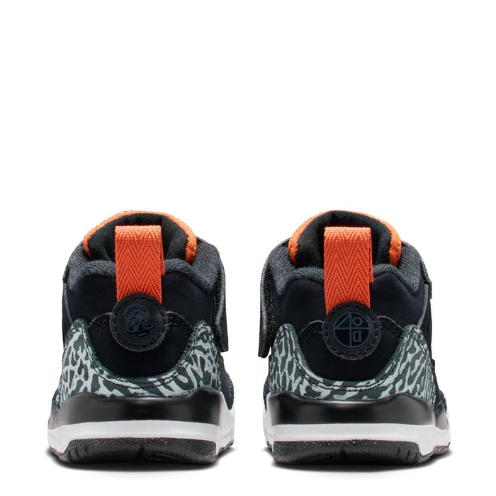 Toddler sneakers heel view: orange pull tab and leopard-print panels on black upper