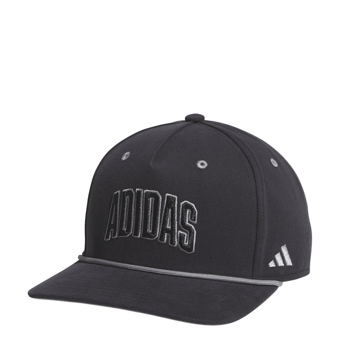 Adidas five-panel snapback cap in black with raised Adidas logo and gray trim