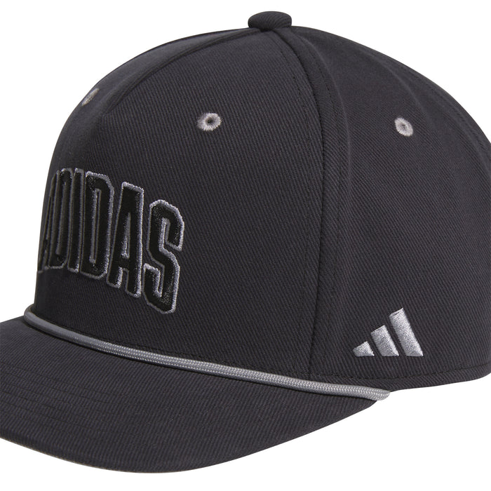 Black Adidas snapback cap with raised Adidas lettering and small side logo