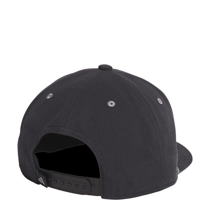 Black five-panel snapback cap back view with eyelets and adjustable snap strap