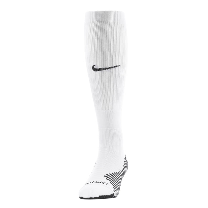 White knee-high soccer sock with black heel toe and swoosh logo