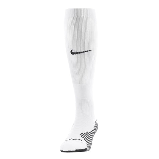 White knee-high soccer sock with black heel toe and swoosh logo
