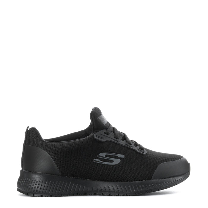 Women’s black athletic sneaker side profile with stitched logo and lace-up design