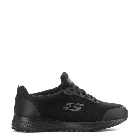Women’s black athletic sneaker side profile with stitched logo and lace-up design