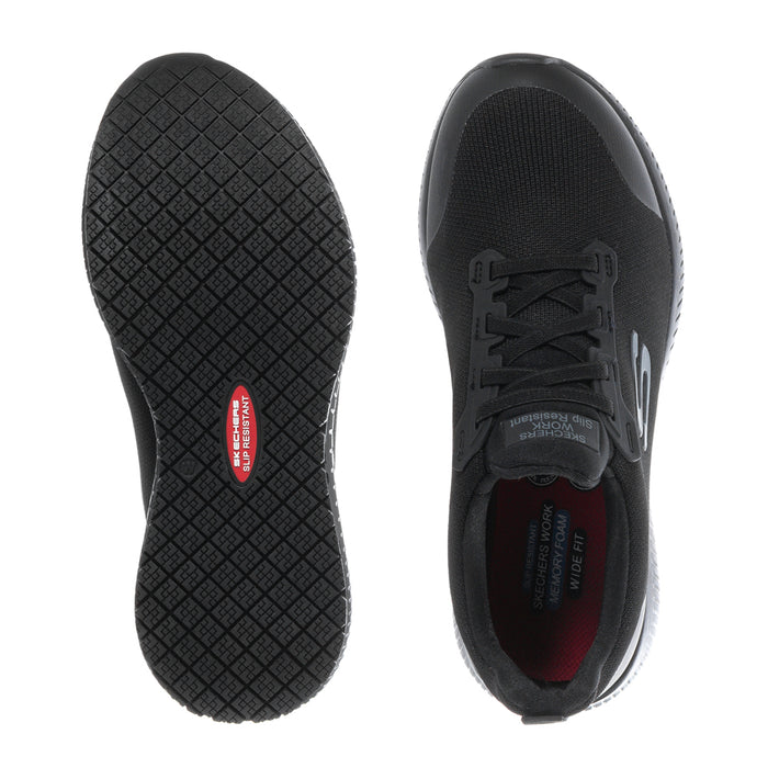 Women’s black athletic sneaker with patterned rubber outsole and laces