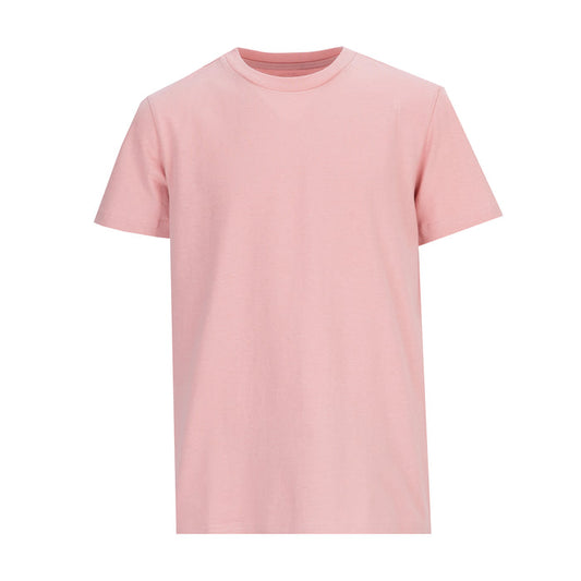 Youth pink crew-neck T-shirt with short sleeves, simple solid design.
