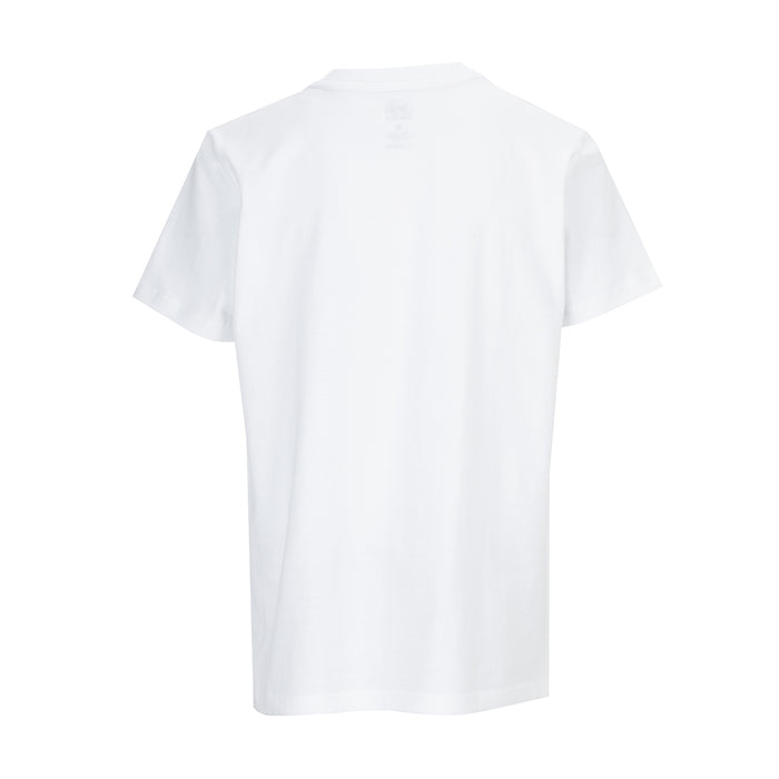 Youth white crew neck T-shirt with short sleeves, plain back view.