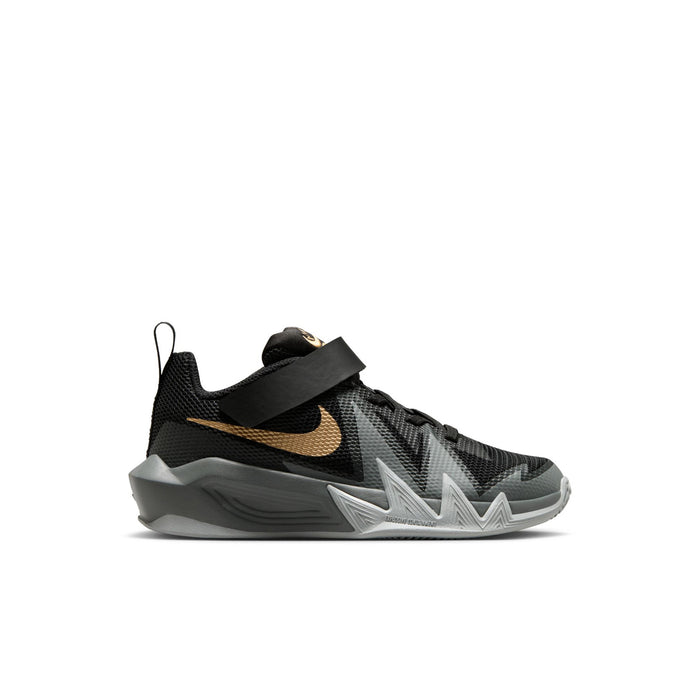 Kids black, gray and gold sneakers with Velcro strap and zigzag white midsole