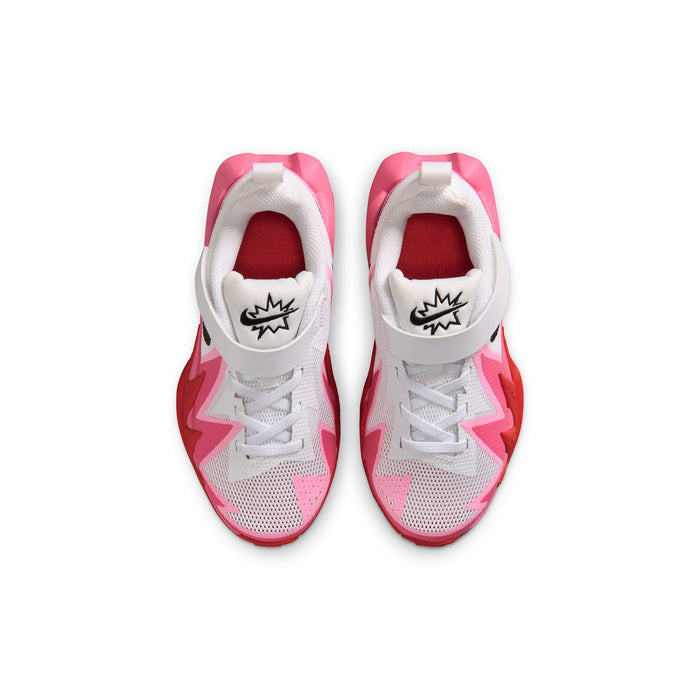 Kids' sneakers with white uppers, pink side panels, black logo on heel tab