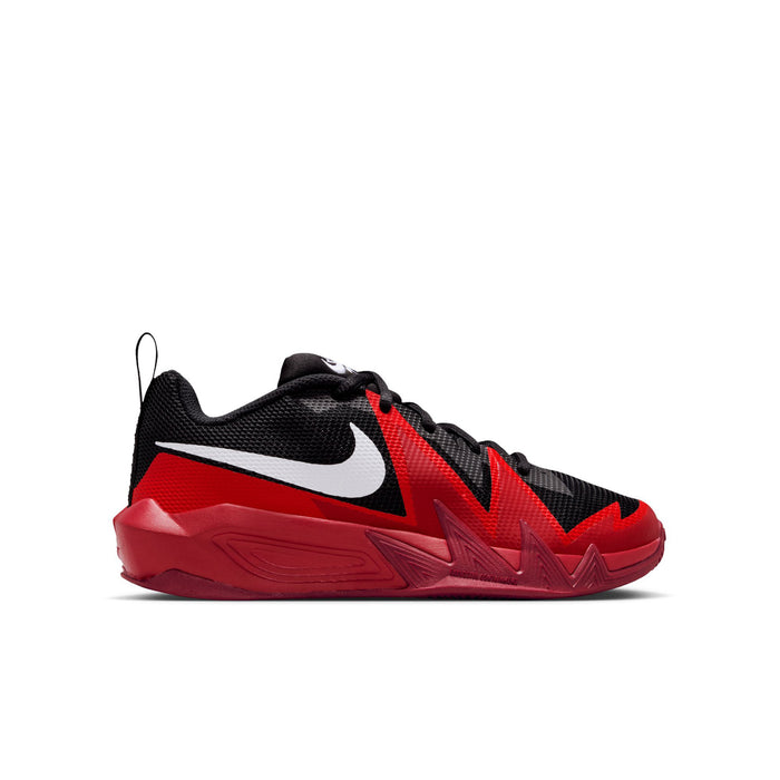 Youth basketball shoes, black mesh upper with red laces and white Nike swoosh