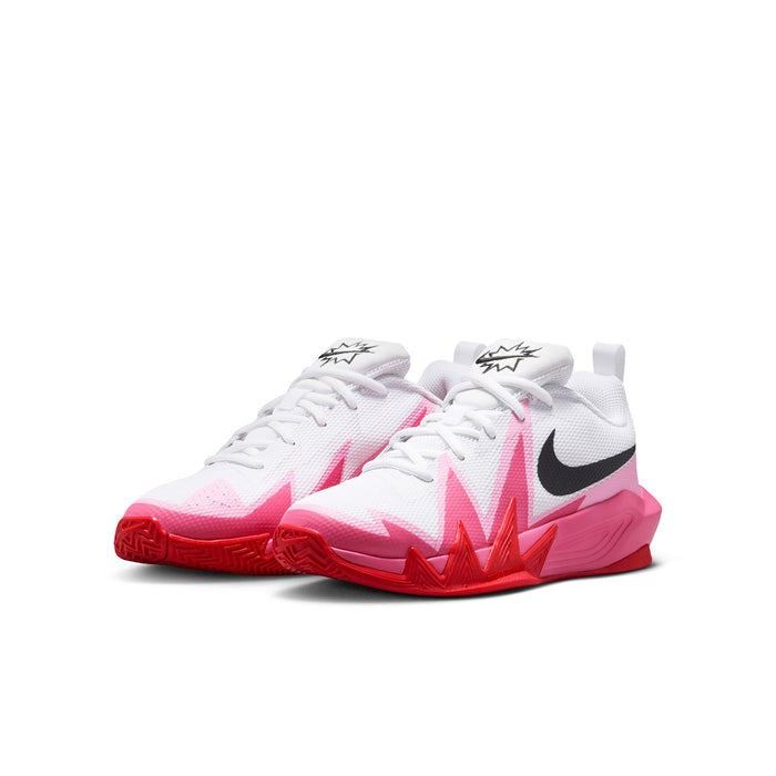 Youth white and pink lace-up sneakers with black side swoosh and patterned midsole