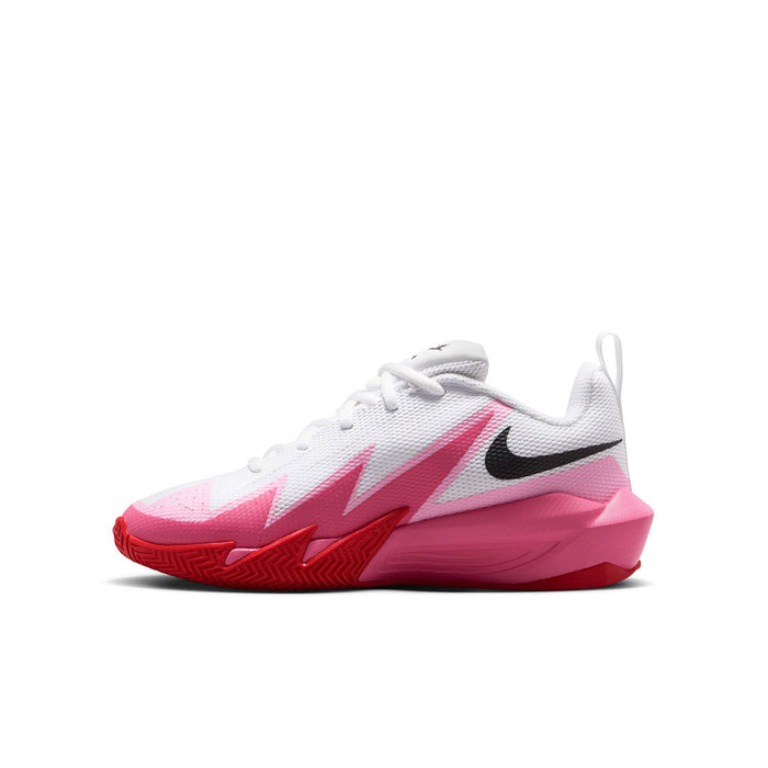 Youth white lace-up sneakers with black swoosh and pink-and-red lightning graphics