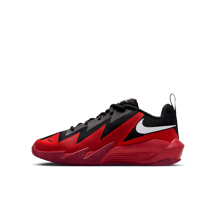 Youth basketball shoes, side profile in black and red with white Nike swoosh