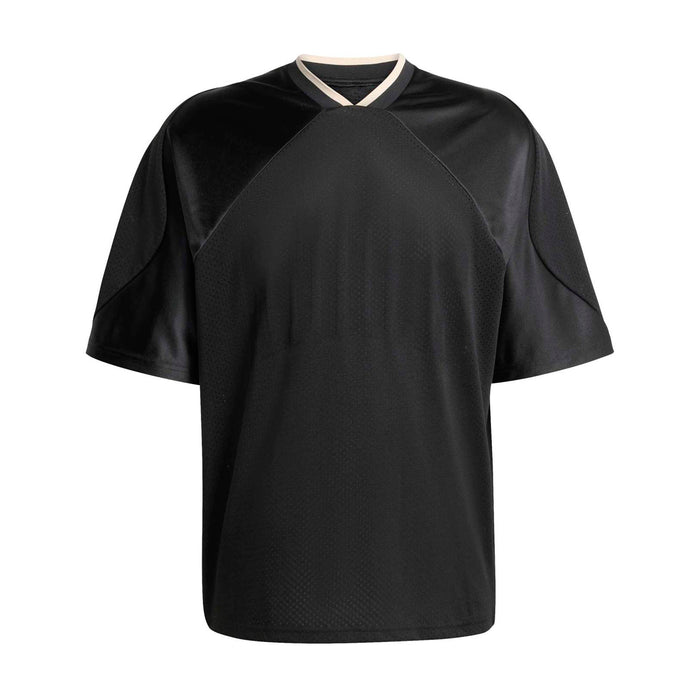 Black mesh stadium tee with V-neck collar and raglan sleeves