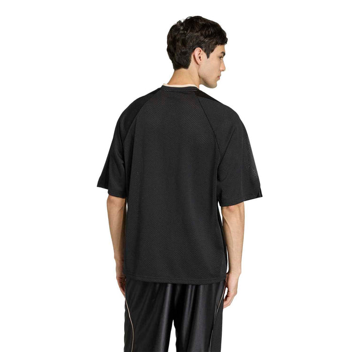Black mesh tee back view with raglan seams and short sleeves
