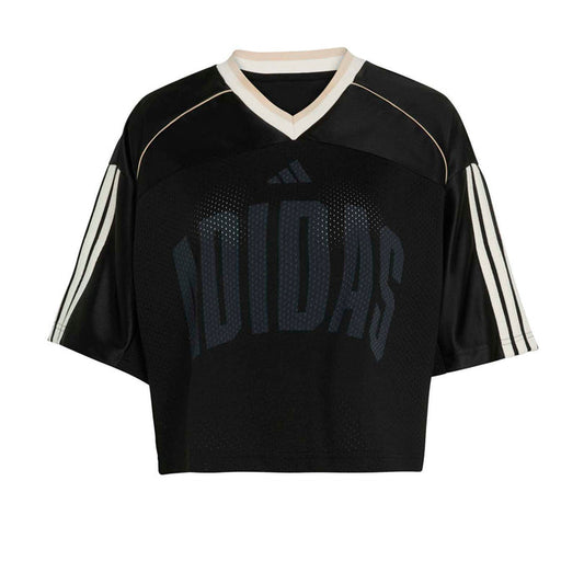 Women's black mesh stadium tee with white V-neck and adidas wordmark