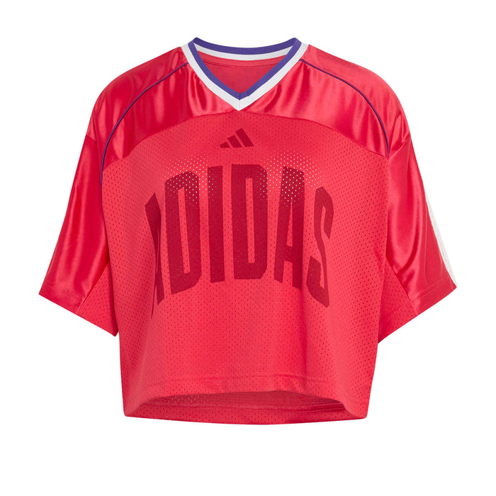 Women's power pink mesh tee with V-neck trim and dark logo graphic