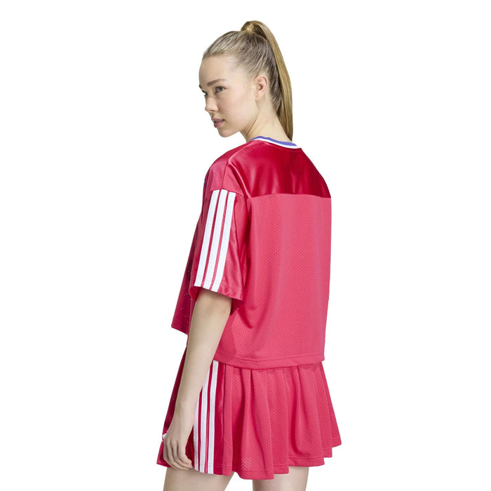 Women's power pink mesh tee, back view with white side stripe detailing
