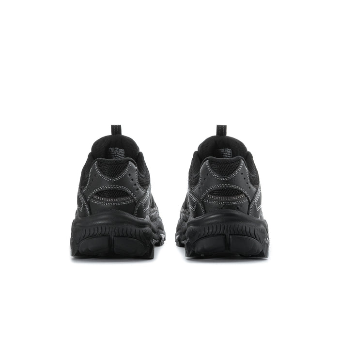Men's black sneakers, back heel view with cushioned collar and rear stitching