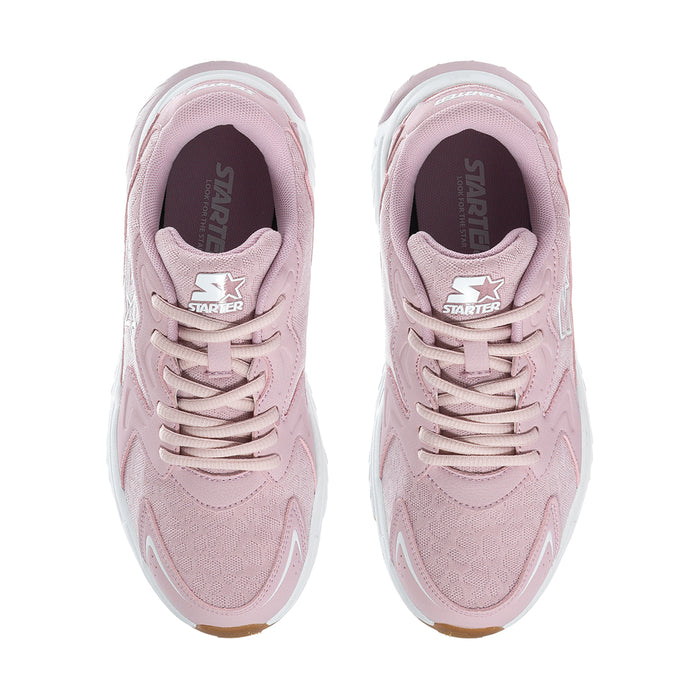 Women's pale lilac sneakers showing tongue label, lace eyelets and white sole