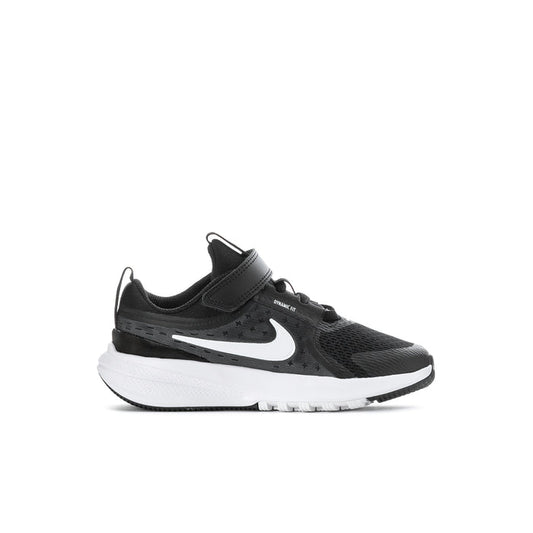Kids black running sneakers with white Nike swoosh and cushioned white sole