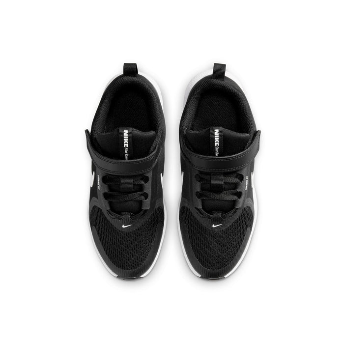 Kids black sneakers with laces and Nike logo; padded tongue and white sole