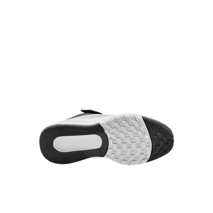 Kids black-and-white outsole view with tread pattern and white side logo