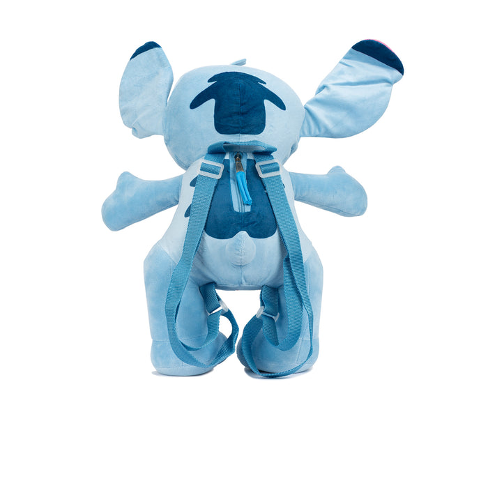 Blue plush backpack with rear straps and stitched animal hood