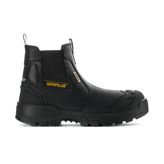 Men's black Chelsea work boot with Caterpillar logo and side pull-on elastic gore