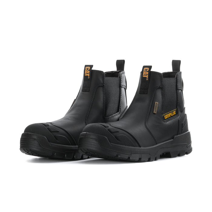 Men's black Chelsea work boots pair view with Caterpillar logo and chunky tread