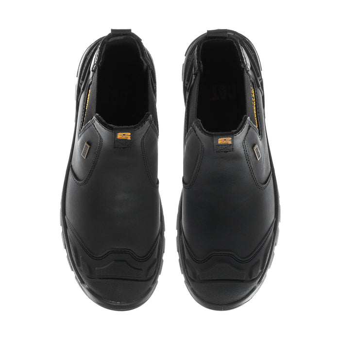 Men's black Chelsea work boot inner lining and side overlays, pair top view