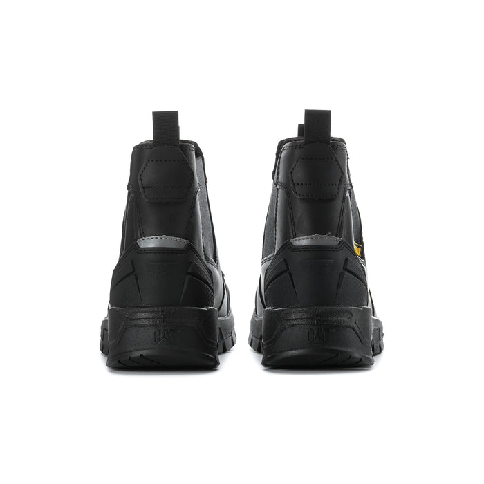 Men's black Chelsea work boots back view with heel tabs and stitched panel details