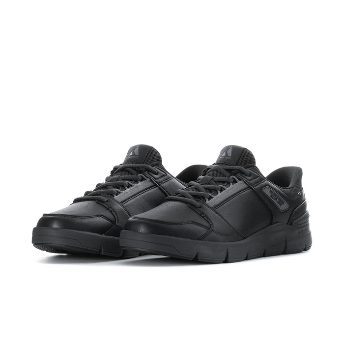 Pair of men's black lace-up sneakers with low-profile treaded sole