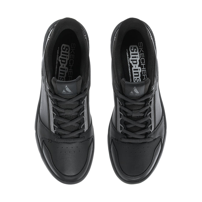 Men's black lace-up sneakers, top view showing tongue and padded interior
