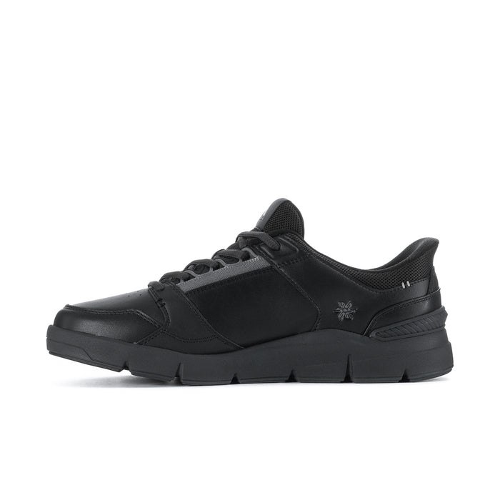 Men's black lace-up sneaker side view with stitched overlays and lace eyelets
