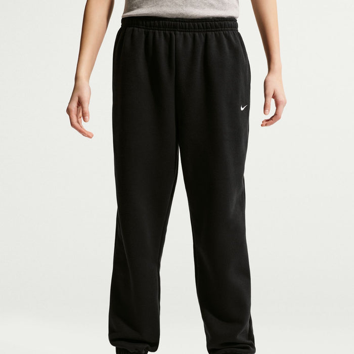 Youth black fleece loose pants with elastic waistband and straight-leg fit