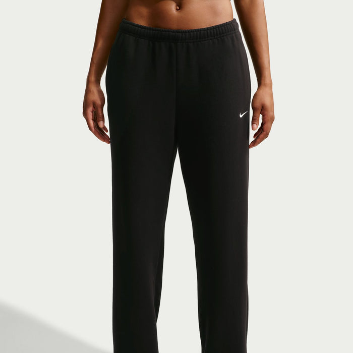 Women's black fleece pants with elastic waistband and drawstring, side logo