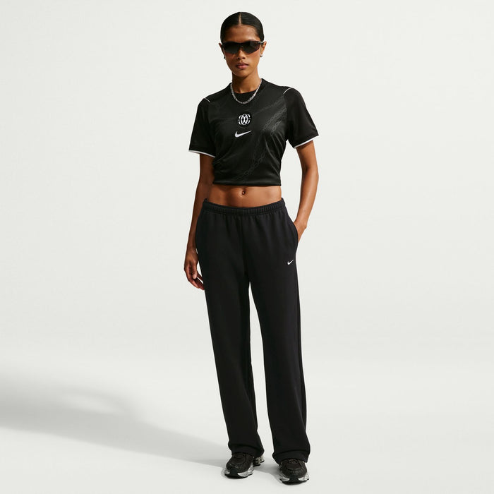Women's black fleece lounge pants, relaxed wide leg with side logo
