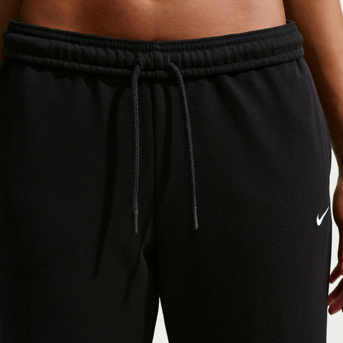 Women's black fleece pants waistband with drawstring and small side logo