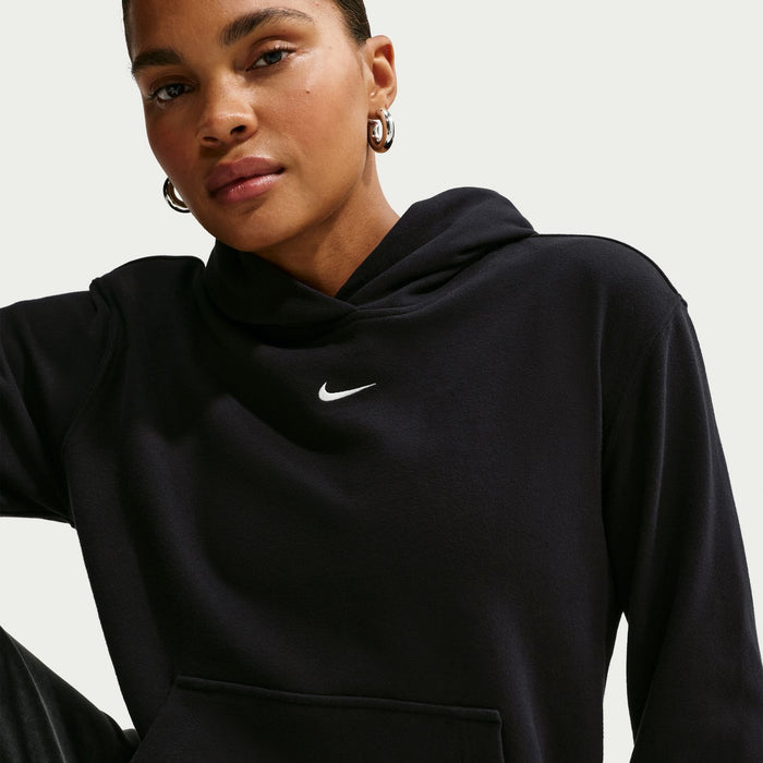Womens black Nike fleece hoodie with drawstring hood and embroidered swoosh
