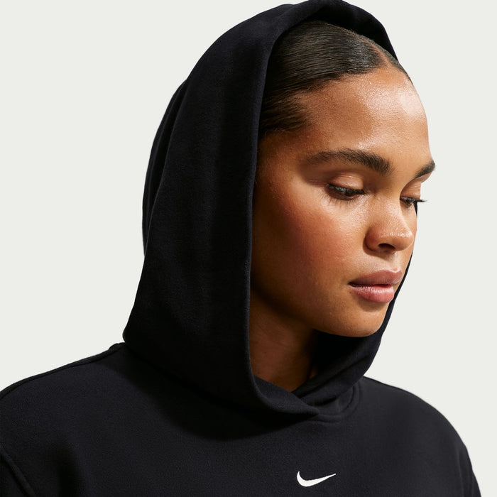 Womens black Nike fleece hoodie with drawstring hood and front swoosh logo