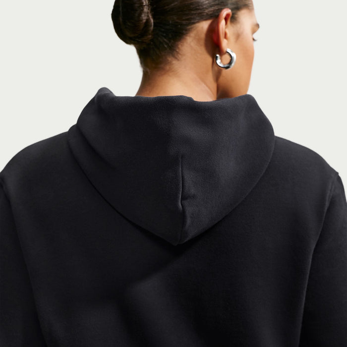 Womens black Nike fleece hoodie back with full hood and stitched seam details