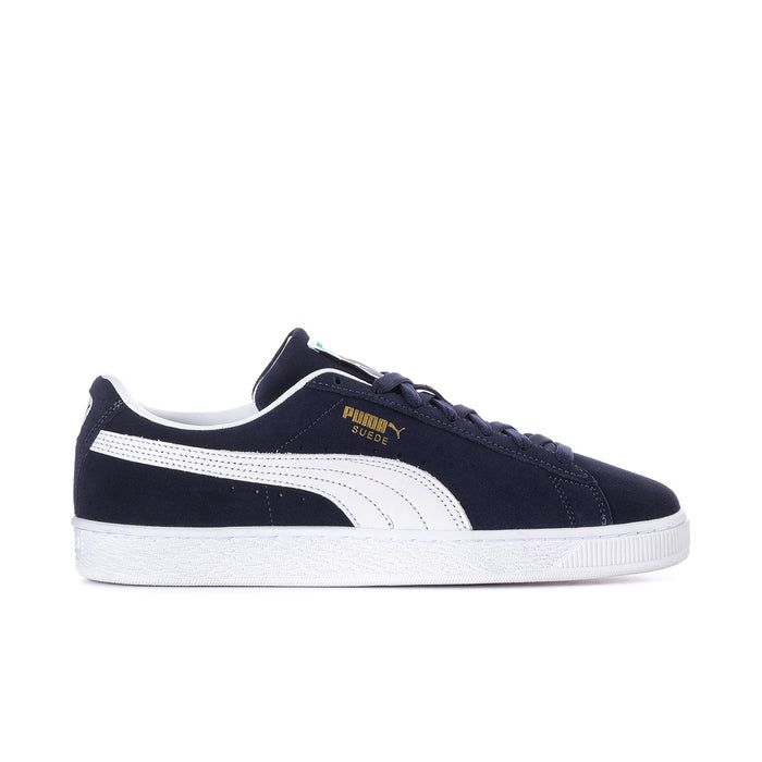 Men's navy suede low-top sneakers with white Puma stripe, laces, and rubber sole