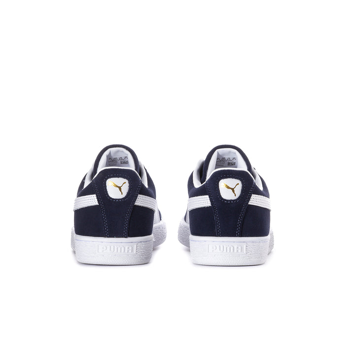 Back view of navy suede low-top sneakers with white heel stripe and Puma cat logo